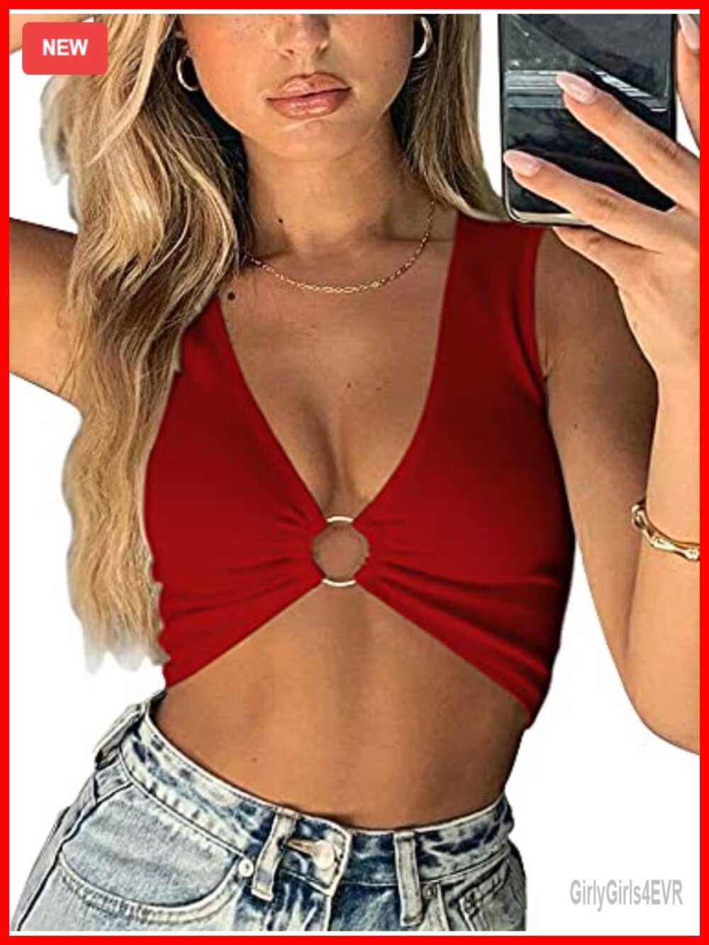 Sexy Deep V Neck Ring Sleeveless Crop Tank Top for Women